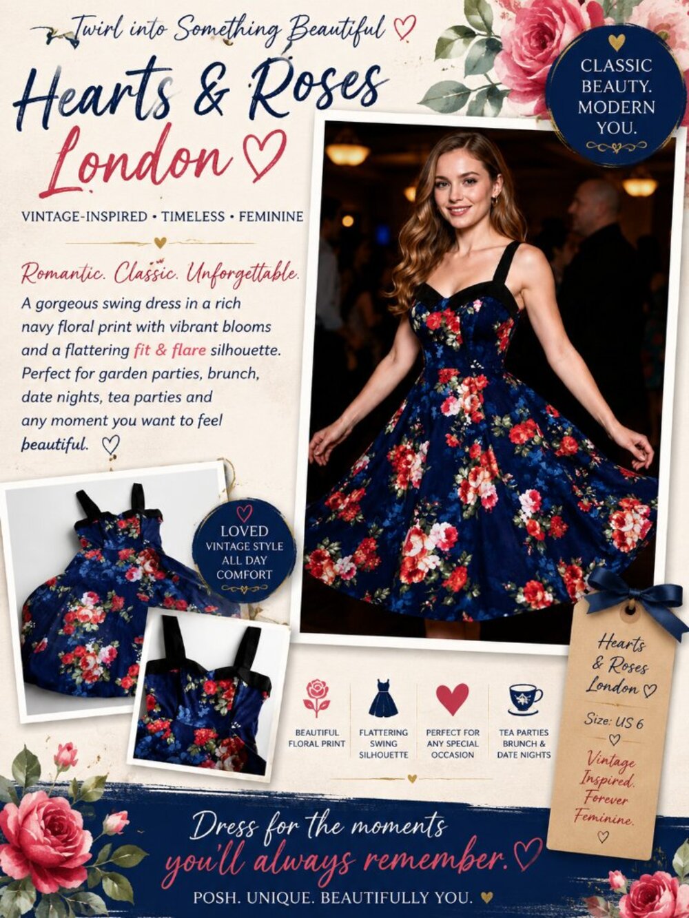 Hearts & Roses London Blue Floral Swing Dress US 6 Retro Pinup Rockabilly